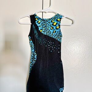 GK Elite Toddler Black and Blue Leopard Print Leotard with Blue Sequins
